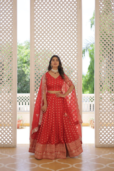 Red Enchanting and vibrant, our Dayble Viscose Jacquard lehenga set is perfect for Any Occasions - ReadyToWearshop