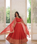 Red Enchanting and vibrant, our Dayble Viscose Jacquard lehenga set is perfect for Any Occasions - ReadyToWearshop
