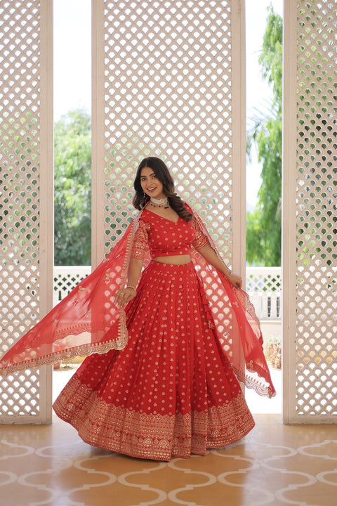 Red Enchanting and vibrant, our Dayble Viscose Jacquard lehenga set is perfect for Any Occasions - ReadyToWearshop