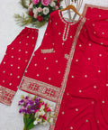 Red Heavy Chinon Silk Top - Palazzo And Dupatta Set Salwar Kameez Set For Women - ReadyToWearshop