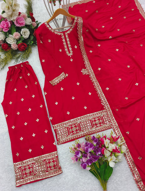 Red Heavy Chinon Silk Top - Palazzo And Dupatta Set Salwar Kameez Set For Women - ReadyToWearshop