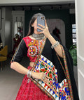 Red masterpiece of garba choli embellishes with gamthi work and mirror work for women - ReadyToWearshop