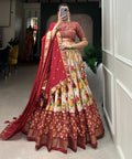 Red Tussar Silk Lehenga Set with Perfect floral and patola print design for women - ReadyToWearshop