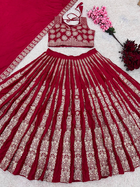 Red Wedding Collection Lehenga Choli With Full Heavy Embroidery Sequence Work For Women - ReadyToWearshop