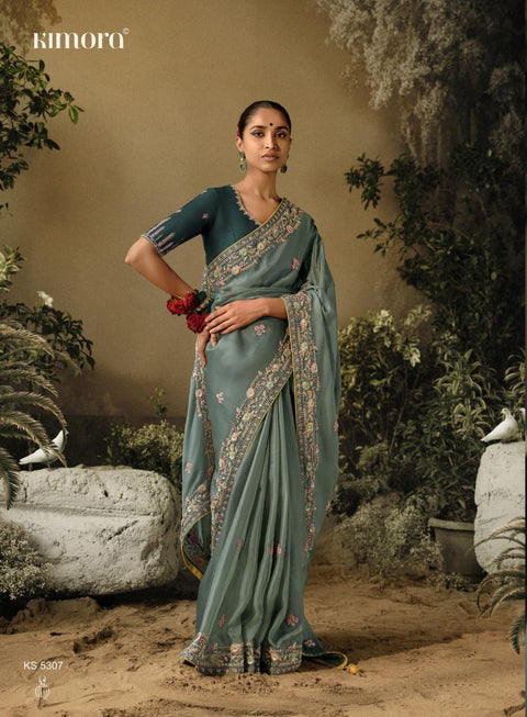 Sky Blue Dola Silk Saree with blouse in USA, Perfect for Indian wedding sequins saree - ReadyToWearshop
