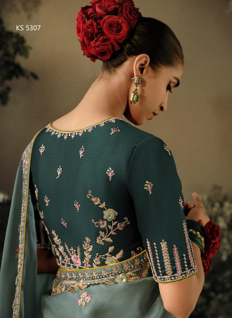 Sky Blue Dola Silk Saree with blouse in USA, Perfect for Indian wedding sequins saree - ReadyToWearshop