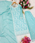 Sky Blue Heavy Chinon Silk Top - Palazzo and Dupatta Set Fully Stitched For Women - ReadyToWearshop