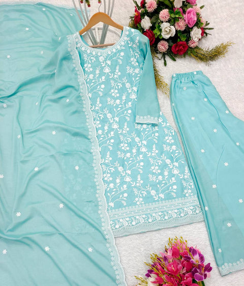 Sky Blue Heavy Chinon Silk Top - Palazzo and Dupatta Set Fully Stitched For Women - ReadyToWearshop