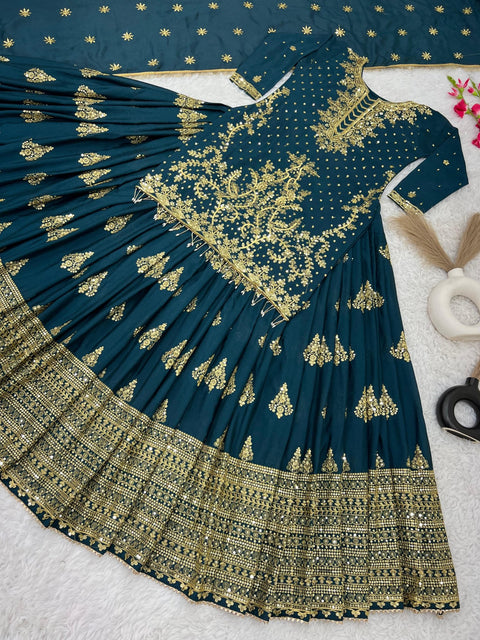Teal Blue Chinnon Silk With Heavy Embroidery Sequence Work Top - Plazo And Dupatta Set With Fully Stitched Ready To Wear Collection For Women - ReadyToWearshop