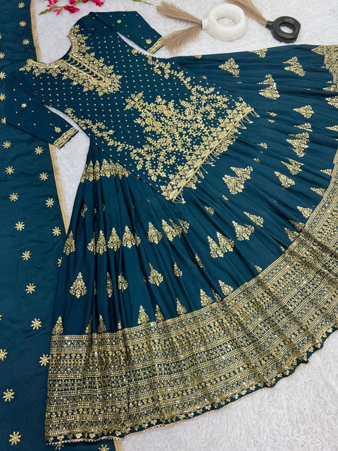 Teal Blue Chinnon Silk With Heavy Embroidery Sequence Work Top - Plazo And Dupatta Set With Fully Stitched Ready To Wear Collection For Women - ReadyToWearshop