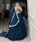 Teal Blue Elevate Your Ethnic Wardrobe with a Gorgeous Georgette Lehenga Choli and an Intricately Embroidered Banglory Blouse For Women - ReadyToWearshop