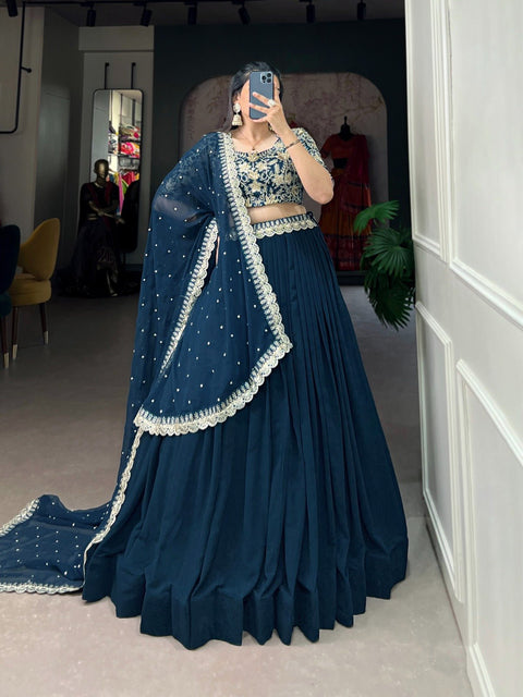 Teal Blue Elevate Your Ethnic Wardrobe with a Gorgeous Georgette Lehenga Choli and an Intricately Embroidered Banglory Blouse For Women - ReadyToWearshop