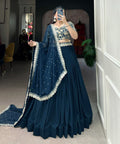 Teal Blue Elevate Your Ethnic Wardrobe with a Gorgeous Georgette Lehenga Choli and an Intricately Embroidered Banglory Blouse For Women - ReadyToWearshop
