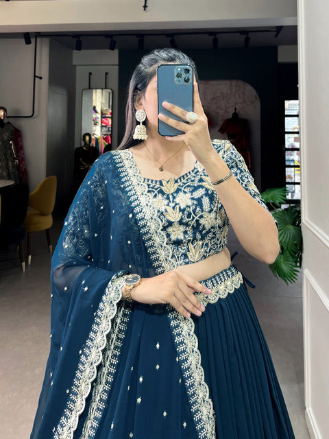 Teal Blue Elevate Your Ethnic Wardrobe with a Gorgeous Georgette Lehenga Choli and an Intricately Embroidered Banglory Blouse For Women - ReadyToWearshop