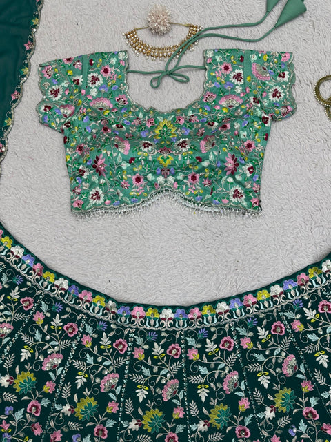 Teal Blue Your Ethnic Wardrobe with a Gorgeous Georgette Lehenga Choli and an Intricately Embroidered Banglory Blouse For Woman - ReadyToWearshop