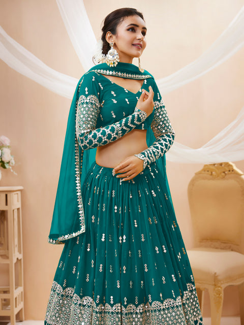 Charming Teal Blue Wedding wear Heavy Lehenga Choli for Women with Dupatta Sequence Lehenga Choli In USA