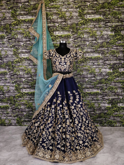 The Navy Blue Lehenga set is Adorned with Colourful Resham Embroidery on the Blouse and Lehenga for women. - ReadyToWearshop