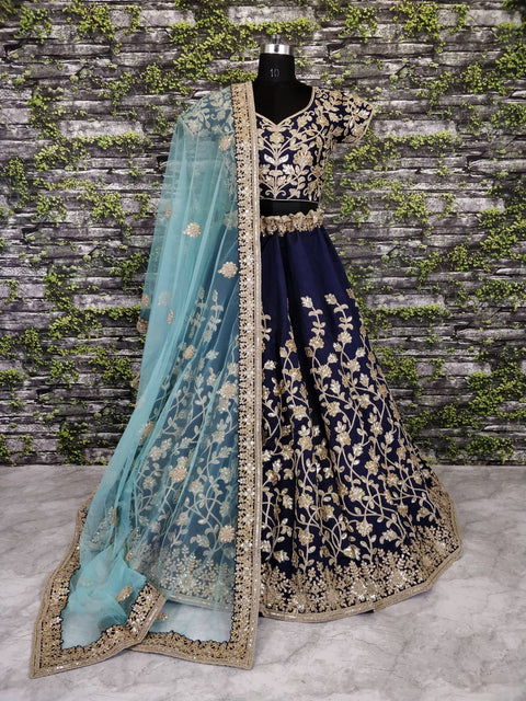 The Navy Blue Lehenga set is Adorned with Colourful Resham Embroidery on the Blouse and Lehenga for women. - ReadyToWearshop