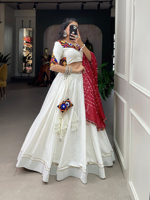White classic lehenga choli crafted from the finest cotton, adorned with gamthi work blouse - ReadyToWearshop