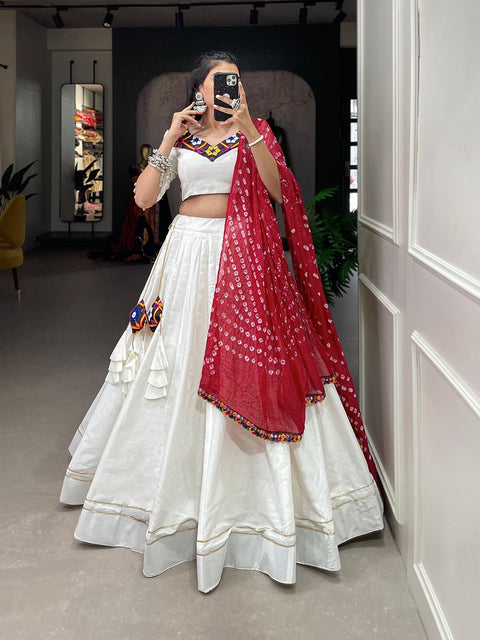 White classic lehenga choli crafted from the finest cotton, adorned with gamthi work blouse - ReadyToWearshop