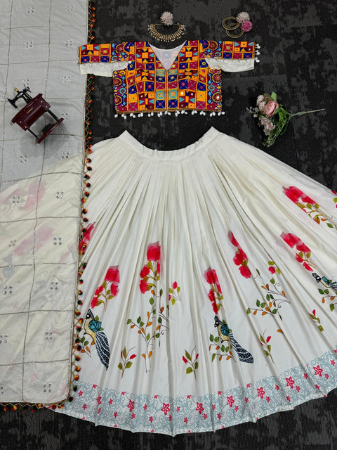 White Elegant Rayon New Navratri Collection Lehenga Choli With Full Heavy Embroidery Sequence Work Lehenga choli For Women - ReadyToWearshop