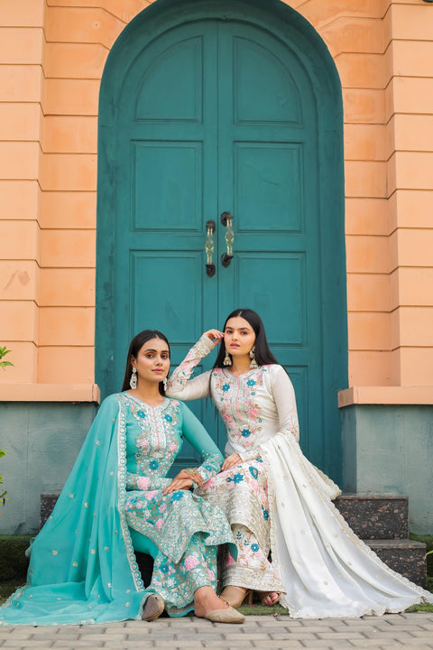 White Graceful Party Wear Look Pur Chinon Silk Top Plazzo & Dupatta Set For Women In USA - ReadyToWearshop