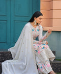 White Graceful Party Wear Look Pur Chinon Silk Top Plazzo & Dupatta Set For Women In USA - ReadyToWearshop
