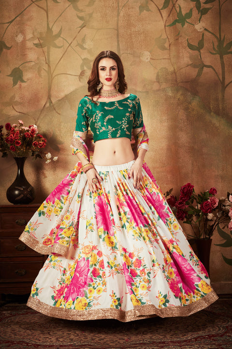 Off White And Green Vibrant Fancy Lehenga Choli For Women In Wedding Occasion with Dupatta in USA - ReadyToWearshop