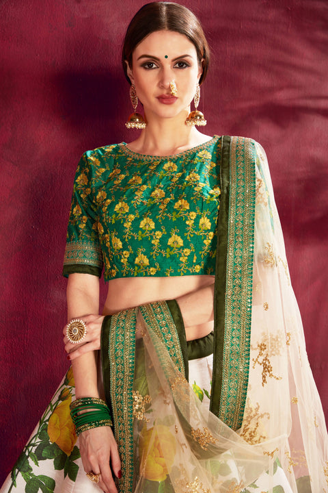 Cream And Green Traditional fancy lehenga Choli for women In Wedding Occasion with Dupatta in USA - ReadyToWearshop
