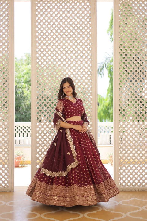 Wine Enchanting and vibrant, our Dayble Viscose Jacquard lehenga set is perfect for Any Occasions - ReadyToWearshop