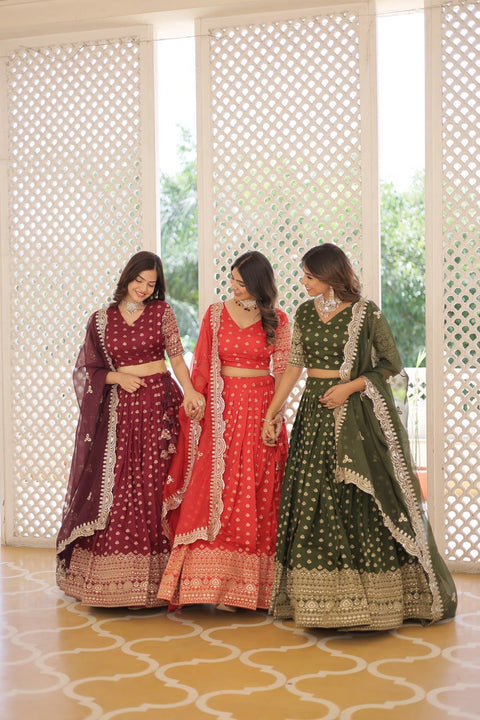 Wine Enchanting and vibrant, our Dayble Viscose Jacquard lehenga set is perfect for Any Occasions - ReadyToWearshop