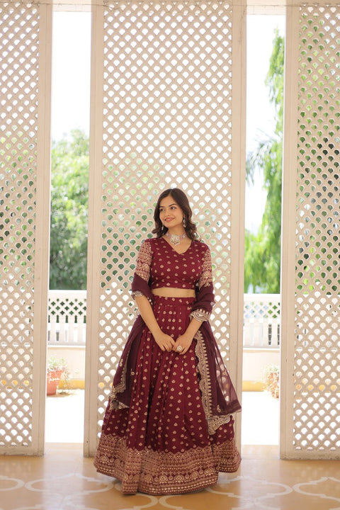 Wine Enchanting and vibrant, our Dayble Viscose Jacquard lehenga set is perfect for Any Occasions - ReadyToWearshop