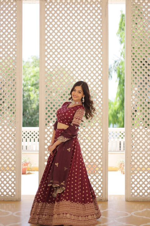 Wine Enchanting and vibrant, our Dayble Viscose Jacquard lehenga set is perfect for Any Occasions - ReadyToWearshop