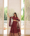 Wine Enchanting and vibrant, our Dayble Viscose Jacquard lehenga set is perfect for Any Occasions - ReadyToWearshop