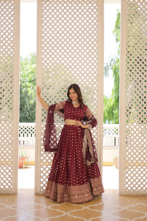 Wine Enchanting and vibrant, our Dayble Viscose Jacquard lehenga set is perfect for Any Occasions - ReadyToWearshop