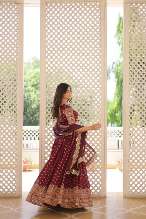 Wine Enchanting and vibrant, our Dayble Viscose Jacquard lehenga set is perfect for Any Occasions - ReadyToWearshop