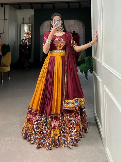 Yellow And Red Celebrate with more Colors: Plain And Printed Silk Lehenga with gamthi and mirror work for Navratri - ReadyToWearshop