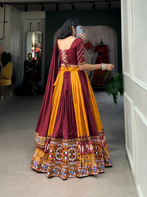 Yellow And Red Celebrate with more Colors: Plain And Printed Silk Lehenga with gamthi and mirror work for Navratri - ReadyToWearshop