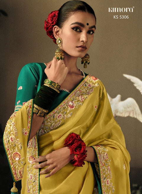 Yellow Dola Silk Saree with blouse in USA, Perfect for Indian wedding sequins saree - ReadyToWearshop