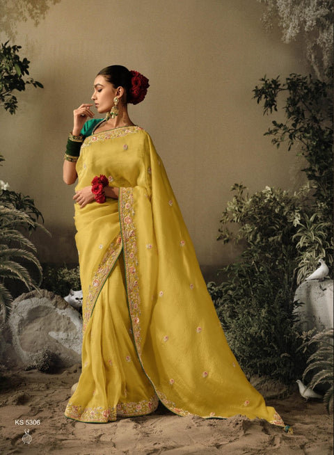 Yellow Dola Silk Saree with blouse in USA, Perfect for Indian wedding sequins saree - ReadyToWearshop