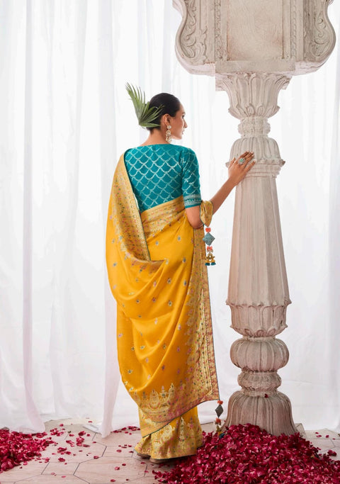 Yellow Indian saree with blouse in USA, Perfect for Indian wedding partywear sequins saree - ReadyToWearshop